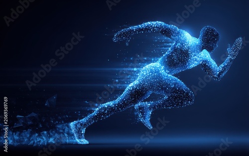 Abstract digital human running silhouette composed of blue glowing data particles and light streaks with abstract technology particle innovation velocity silhouette lightning cybernetic
