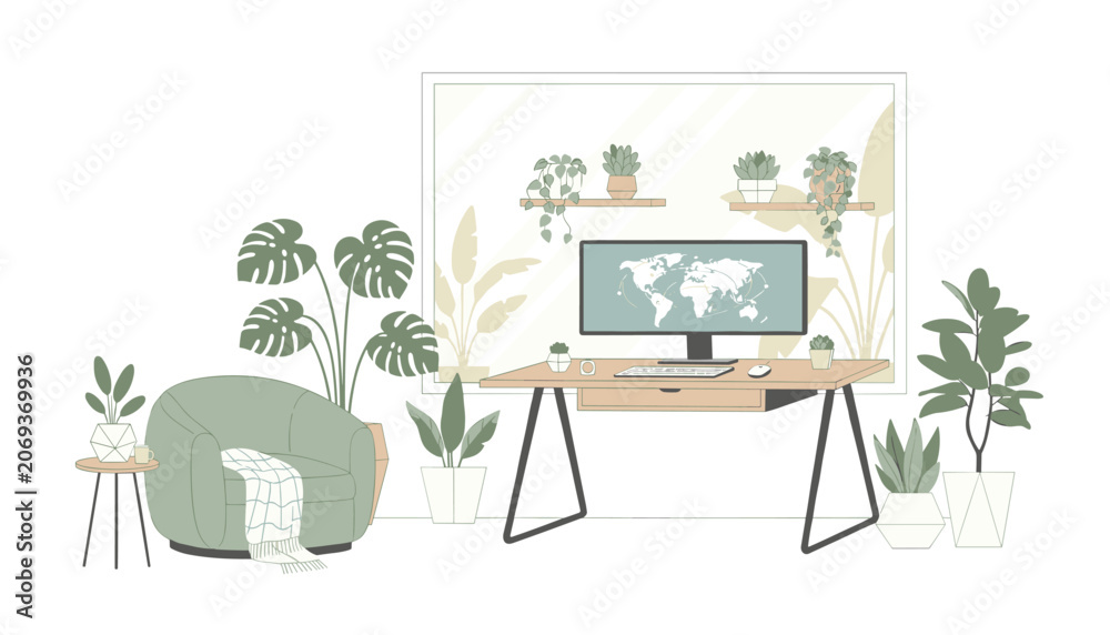 Fototapeta premium Modern home office interior featuring a cozy armchair, lush indoor plants, and a wooden desk setup with a computer for professional work.