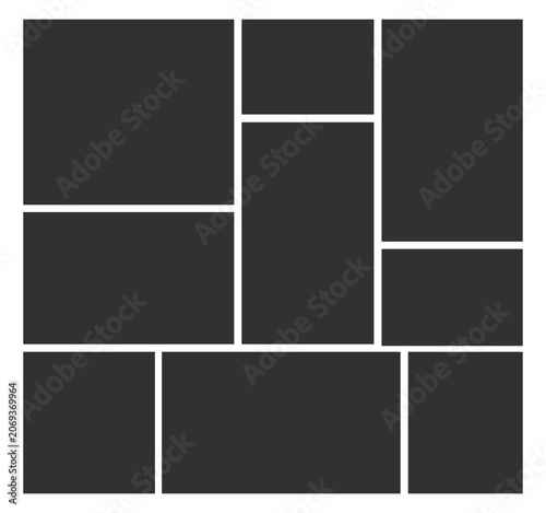 9 Empty geometric photo collage grid rectangle template shape. Modern tiles pattern mosaic for portfolio presentation. Background and photo album for wall mood board.