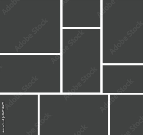 9 Empty geometric photo collage grid rectangle template shape. Modern tiles pattern mosaic for portfolio presentation. Background and photo album for wall mood board.