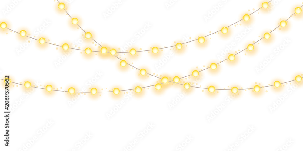 Fototapeta premium Glowing Christmas string lights garland with warm festive illumination isolated on transparent background for happy new year holiday celebration decoration