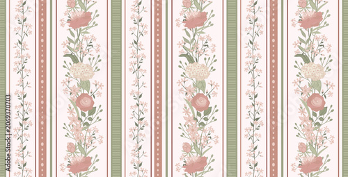 Photos Seamless vector pattern featuring elegant vertical floral stripes with blush pink blooms, sage green accents and decorative bands