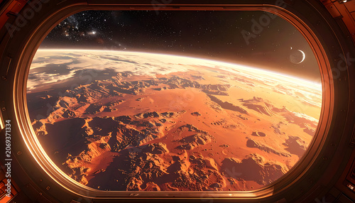 view from spaceship window overlooking alien planet landscape with mountains and craters, warm orange glow, distant moon and stars in deep space