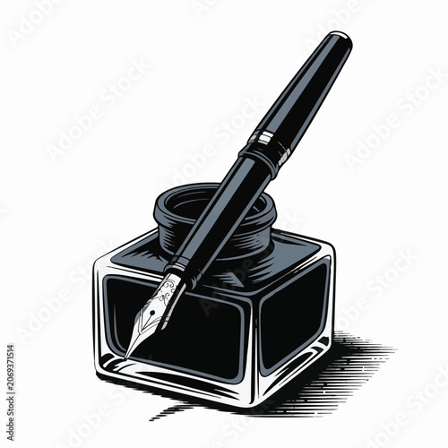 A detailed illustration of a vintage fountain pen resting in an inkwell