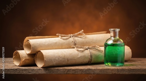 Halloween Novelty Shop Ad Banner with Vintage Paper Scrolls and Green Potion Bottle