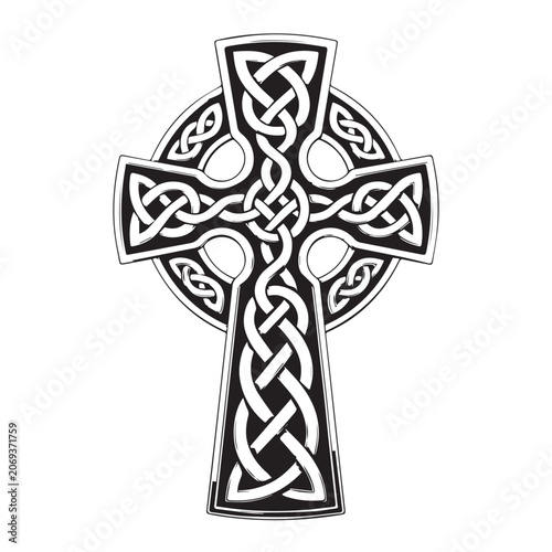 A detailed photograph of a Celtic cross design in metallic silver and black against a plain off-white background.