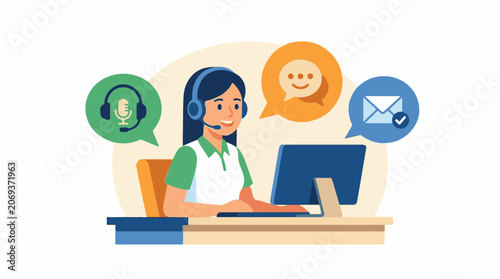 A woman with a headset sits at a computer with chat icons