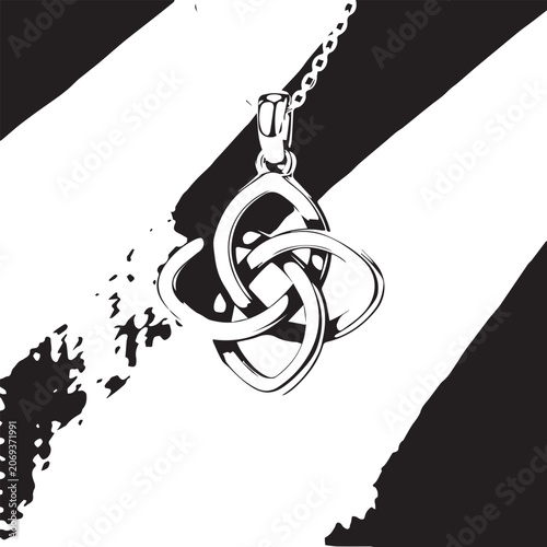 A detailed product photograph of a silver Celtic knot pendant necklace against a soft blue-gray background with diagonal light streaks 