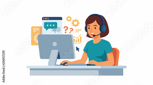 A woman with a headset works at a computer with various icons