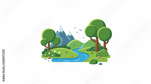 A serene mountainous landscape with a winding river and lush greenery