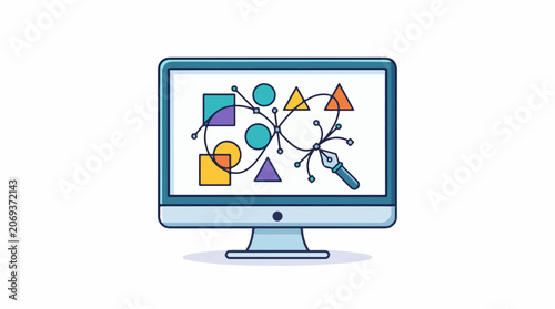 A computer monitor displaying a colorful graphic design with shapes and a fountain pen