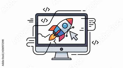 A colorful rocket ship launching from a computer screen with coding symbols