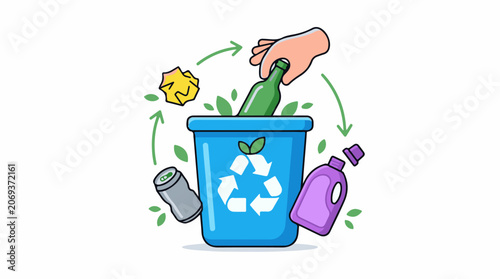 A blue recycling bin with a white recycling symbol and a green leaf is surrounded by a hand dropping a green bottle a y