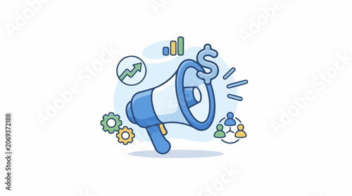 A blue megaphone surrounded by colorful business icons on a white background
