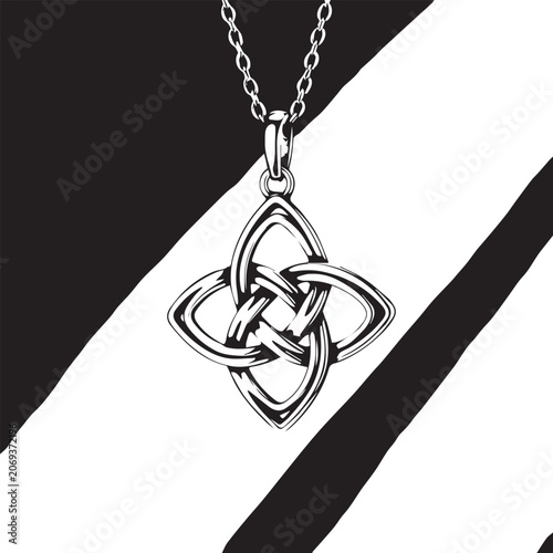 A detailed product photograph of a silver Celtic knot pendant necklace against a soft blue-gray background with diagonal light streaks 