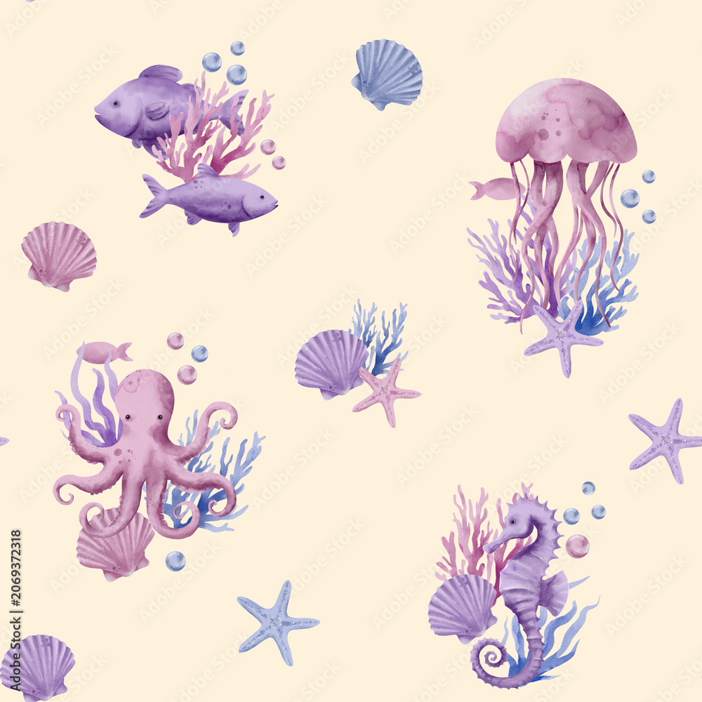 Obraz premium Seamless Watercolor Marine Pattern with silhouette of Fish, Starfish, jellyfish, octopus and seahorse on a light Background