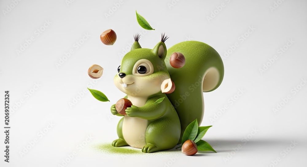 Fototapeta premium Cute Green Squirrel Holding Hazelnut, Matcha Powder and Leaves