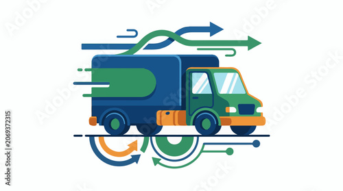 A colorful truck with green and blue arrows
