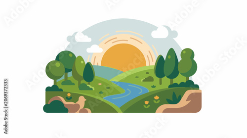 A serene landscape with a winding river lush green hills trees and a vibrant sunset