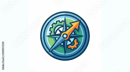 A stylized compass with a gear and arrow on a green and blue background