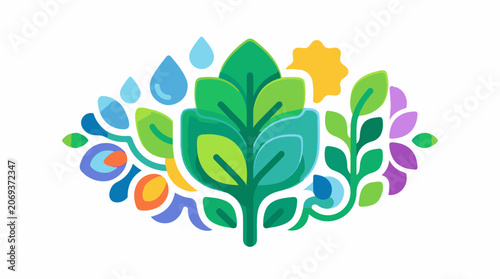 A colorful illustration of a plant with leaves and water droplets surrounded by a sun