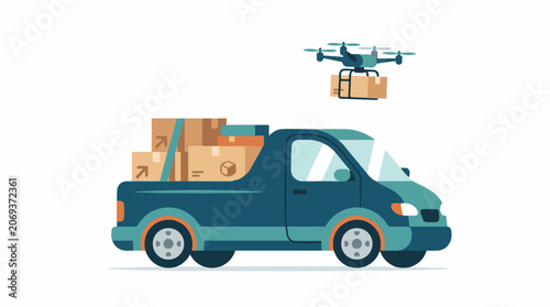 A teal truck with cardboard boxes in the back and a drone delivering a package