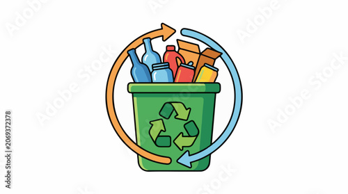 A green recycling bin filled with various recyclable materials