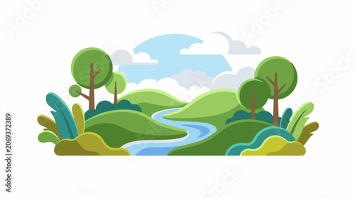 A serene landscape with a winding river lush green hills trees and cloudy sky