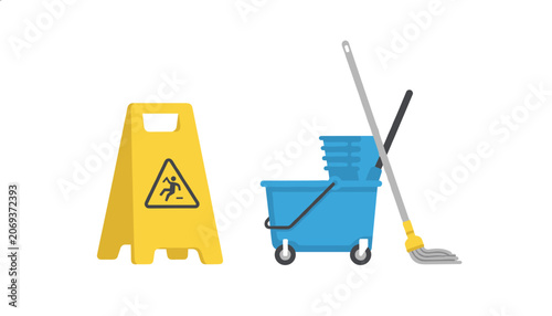 Yellow wet floor caution sign and a blue mobile mop bucket for cleaning floors placed on a clean plain white background.