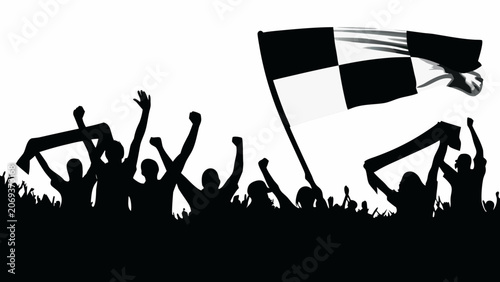 Valokuva A black silhouette of a cheering crowd with a checkered flag against a white bac