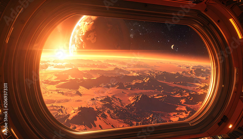 View of Earth and a planet through a spaceship window at sunrise, cosmic landscape, orbital sunrise, space exploration