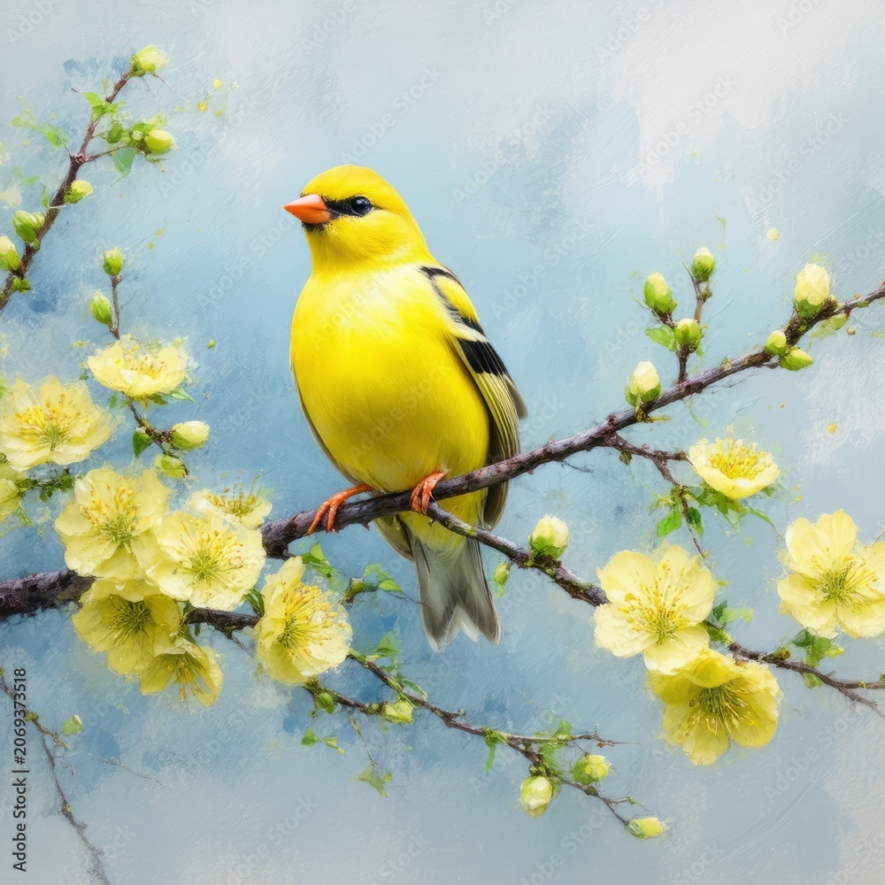 Fototapeta premium A beautiful colorful tit bird with blue and yellow feathers perches on a green tree branch in the wild spring nature