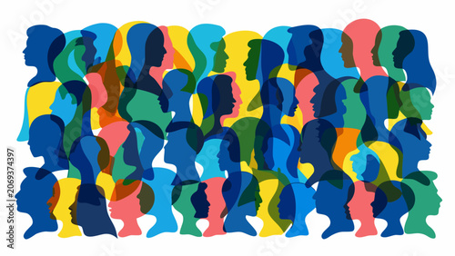 Tableau sur toile Overlapping head silhouettes in vibrant colors against a white background a conc