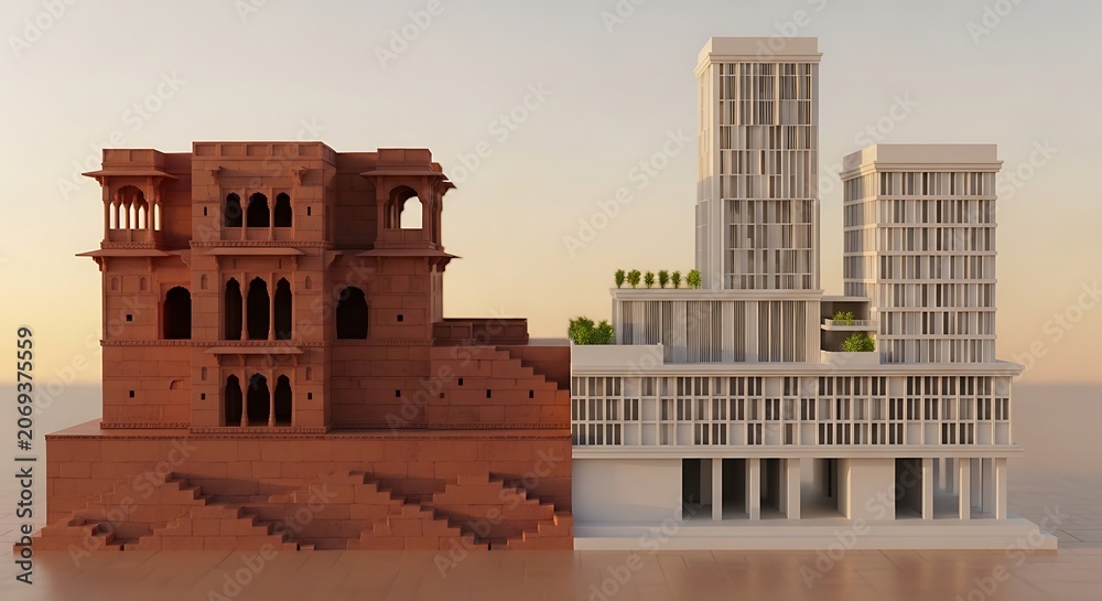 Fototapeta premium Traditional Indian palace and modern skyscraper architectural contrast