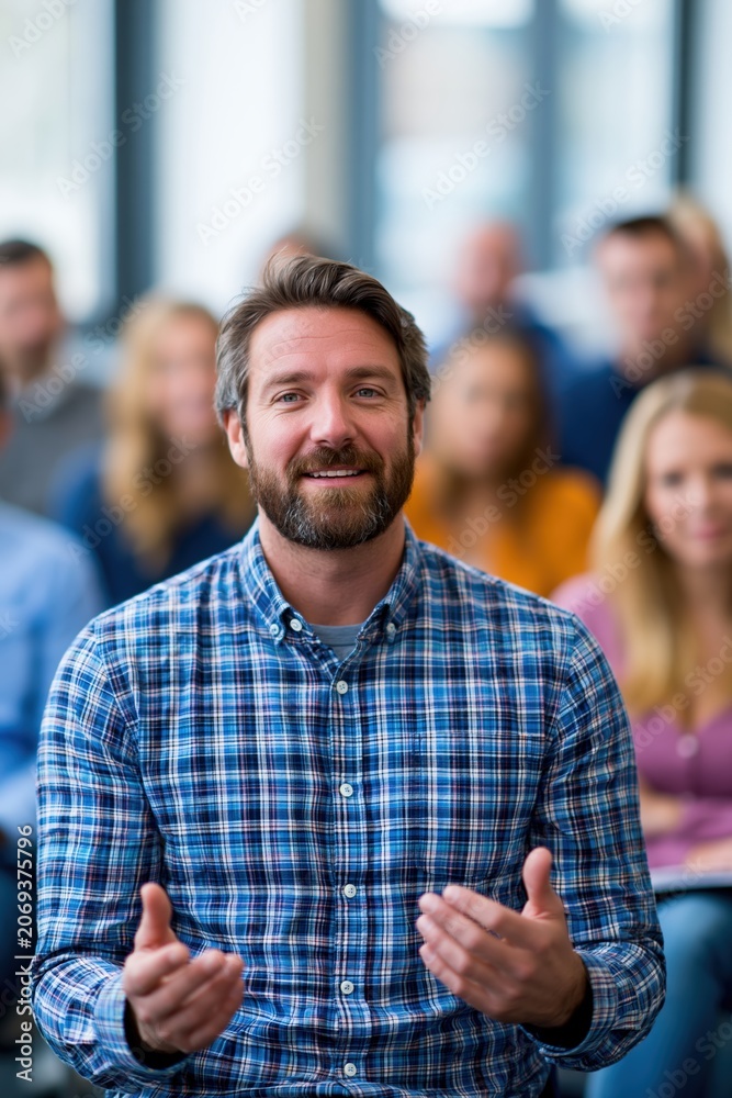 Obraz premium Male presenter leading employee training session in modern office classroom