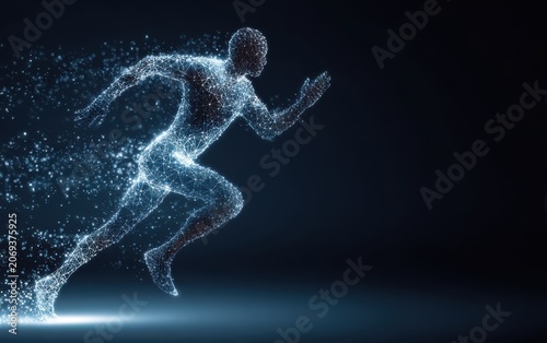 Abstract digital human figure running in particle cloud with abstract particle silhouette technology exercise velocity innovation movement performance connection illustration background