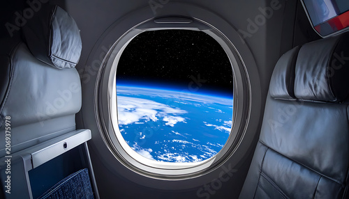 View of Earth from spaceship window, detailed clouds and ocean, starry night sky outside, interior cabin.