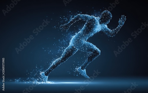 Dynamic human shape made of blue light particles running with abstract particle silhouette technology exercise velocity innovation movement performance connection illustration background