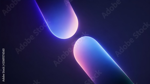 Abstract 3d render of two glowing pillshaped forms with neon blue and pink gradient lighting against a dark background
