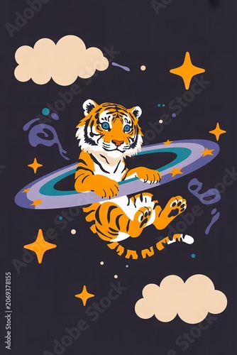 Cute cartoon tiger floating in space with stars and clouds, whimsical style