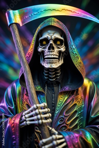 Colorful Skeleton with Hooded Cloak Holding Scythe in Dark Atmosphere