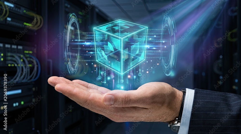 Fototapeta premium Hand presenting glowing digital cube in server room with futuristic data visualization