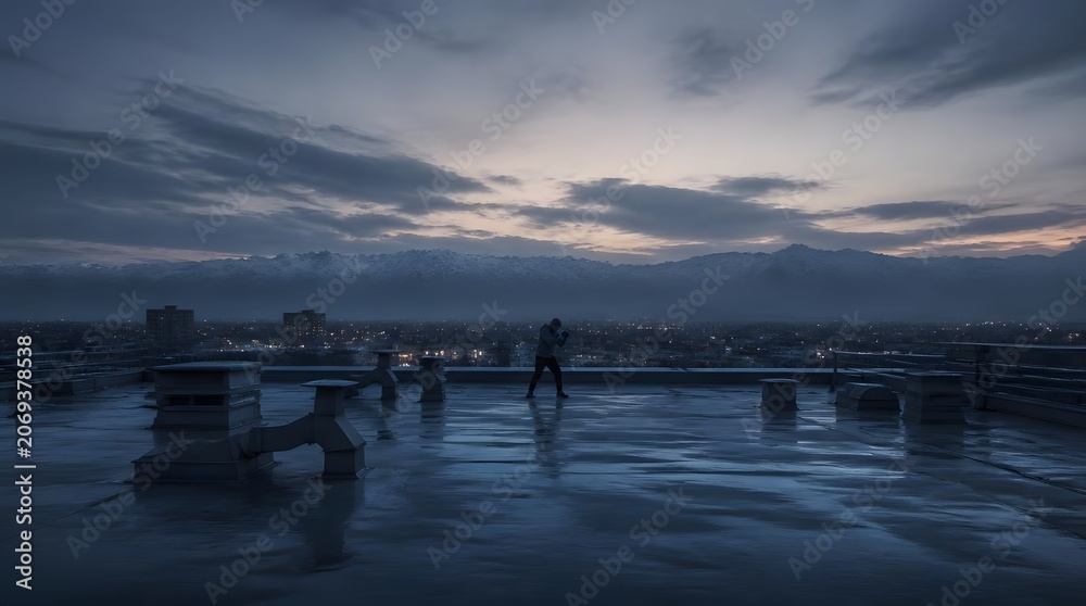 Fototapeta premium Man Training Boxing on Wet Rooftop at Dawn Overlooking City and Mountains