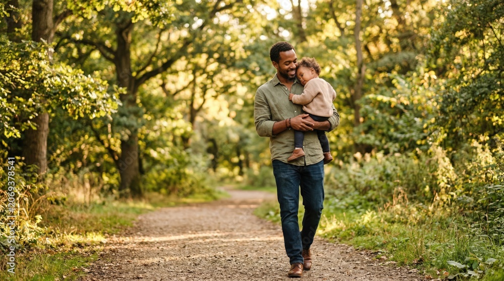 Obraz premium Smiling young Black father carrying sleepy toddler daughter while walking along sunlit tree-lined park path in autumn, tender fatherhood and family bonding lifestyle concept, horizontal