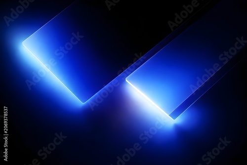 Abstract background with two glowing blue rectangular glass panels with soft light effects, modern futuristic design with neon light edges on dark surface