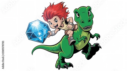Cartoon Child Riding Dinosaur with Large Gem in Hand in Playful Scene