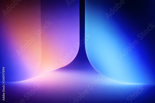 Abstract studio background with soft curved shapes illuminated by gradient pink and blue neon lights, creating a modern and minimalist aesthetic for product display