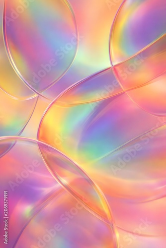 Abstract iridescent background with fluid shapes and soft gradient colors, holographic texture with smooth curves and light reflections, modern digital art wallpaper