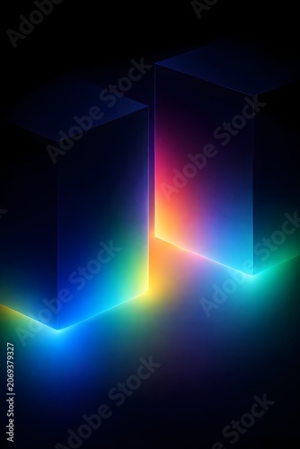 Abstract 3d composition with two glowing rectangular prisms, vibrant neon light gradients, futuristic digital art background with soft volumetric lighting
