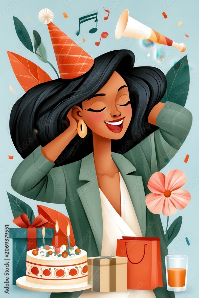 Fototapeta premium Cheerful woman in party hat celebrating birthday with cake, gifts and confetti illustration